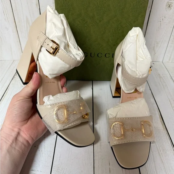 Gucci Nappa Horsebit Cross Strap Sandals Mystic White Sz 40.5 / 10.5 - Picture 8 of 14